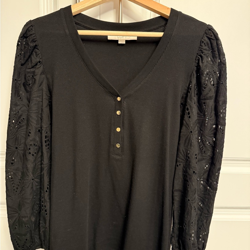 LOFT Black Eyelet Puff Sleeve Henley Top Women Size S Long Sleeve